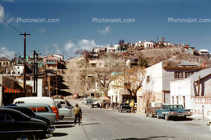 Cars, shops, stores, Buildings on a hill, houses, homes, 1950s
