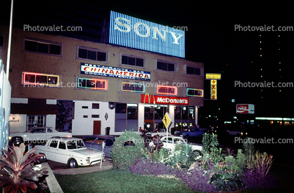 Chinamerica, Sony Building, McDonalds Restaurant, cars, night, nighttime