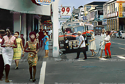 downtown, crosswalk, buildings, Buenaventura, Paintography, 1950s