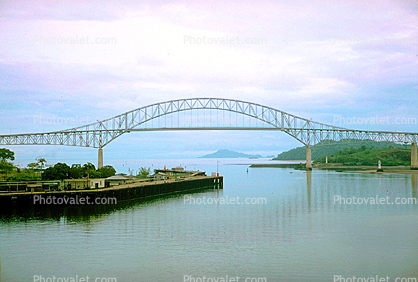 Bridge of the Americas, Steel through arch bridge, docks, shore, Puente de las Am?ricas, Pan-American Highway, Balboa Panama, 1950s
