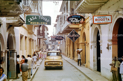 Casa Tovar, Cartagena, downtown, cars, buildings, city, shops, store signs, Ford Pickup Truck, 1950s