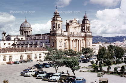 Church, Cars, Cathedral, building, dome, landmark, 1950s