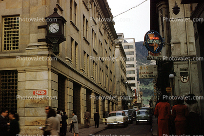 Buildings, cars, automobile, vehicles, Alley, Caracas, Venezuela, alleyway, Clock, 1950s