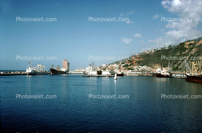 Docks, harbor, hillside, waterfront, buildings, hills, mountains, city, La Guaira, Maiquetia, Venezuela