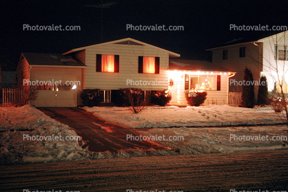 Home, House, building, driveway, snow, cold, night, nighttime, 1965, 1960s