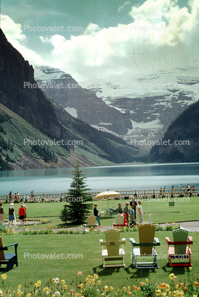 Lake Louise, Mountains, Forest, Lawn, Chairs, Flowers, Banff