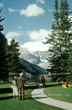 Lake, Mountains, Forest, Lawn, Path, Flowers, Banff, 1950s