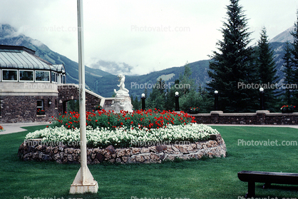 Banff, garden, building, mound of blooming flowers