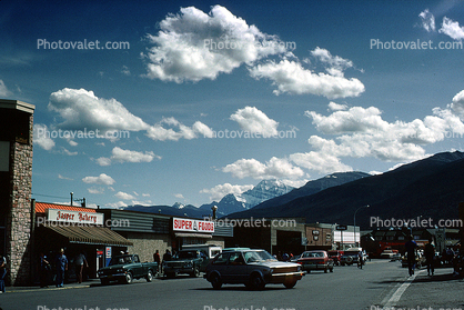 Cars, shops, buildings, Banff, automobiles, vehicles, 1970s