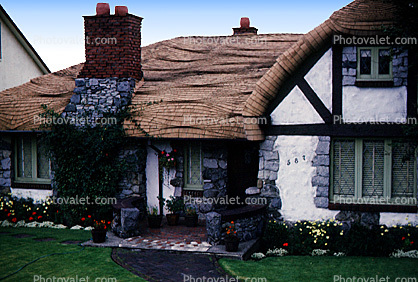Tudor House, ornate roof tiles, chimney, Vancouver