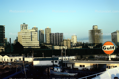 Gulf Gas Station, Boat, Docks, Skyline, Buildings, Vancouver
