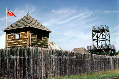 Fence, Watchtower, flag, buildings, landmark, Observation Tower, Old Fort William, August 1983