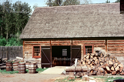 Building, Fence, Chord of Wood, Barrels, Roof, Old Fort William, August 1983