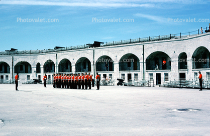 Guards, Soldiers, Standing in Attention, Cannons, Artillery, gun, Old Fort Henry, Kingston, June 1989