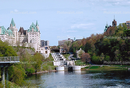 Locks, Rideau Canal, Waterway, building, Ottawa River, Chateau Laurier, Hotel, landmark