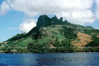Mountain, shoreline, trees, Waya Lailai Island