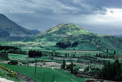 Hills, mountain, clouds, building