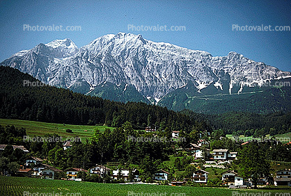 Alps, bucolic, Village, forest, granite mountain, homes, houses, Woodland, Trees
