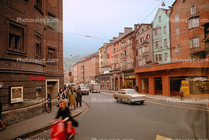 Innsbruck, city street, Vespa Scooter, Homes, shops, Cars, 1970s