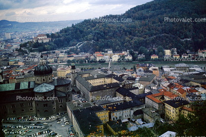 Buildings, Hill, riverside, cityscape, castles, cathedral, skyline, Salzach River, Salzburg