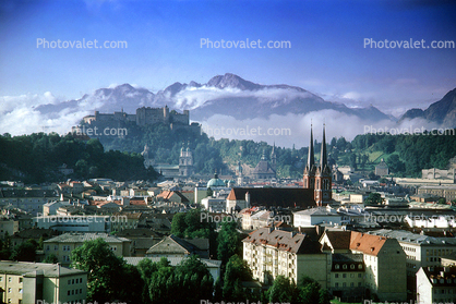 Austrian Alps, Salzburg, valley, Hohensalzburg Castle, Church, mountains, houses, homes, clouds