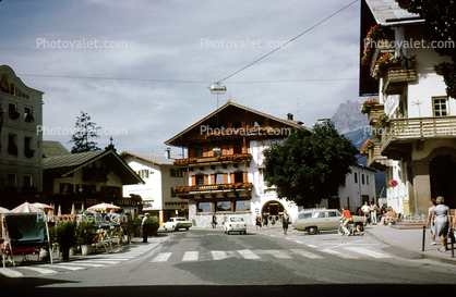 Street, crosswalk, cars, buildings, alpine village