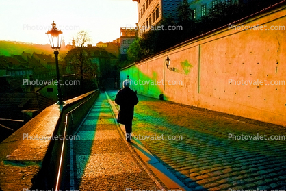 Cobblestone Street, Lady Walking, Wall, sidewalk, Sunset, Sunclipse, Prague