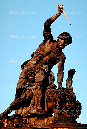 Titans Statue, fighting giant, Soldier, Guard, Guardhouse, Matthias Gate, Prague Castle