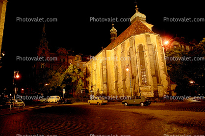 Cathedral, night, nightime, cars