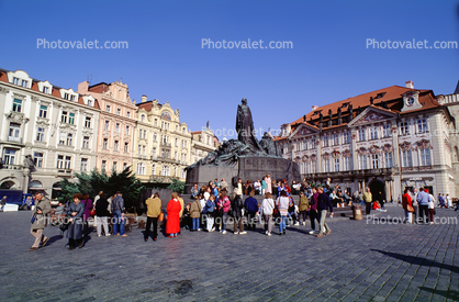 Crowded Jan Hus Memorial, Old Town Square, Prague