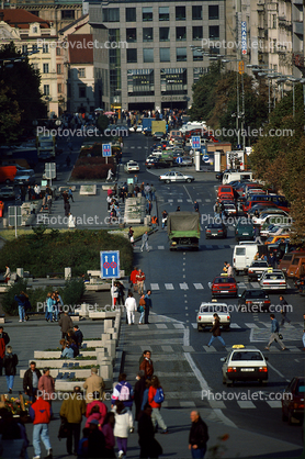 View down Wenceslas Square in Prague, 1991, Cars, vehicles, boulevard