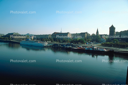 Vltava River, Boats, Dock, towers, Shoreline, riverside