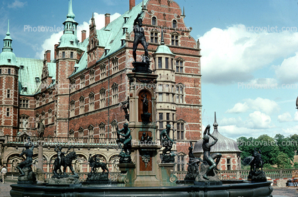 Water Fountain, aquatics, statues, Frederiksbord national historic museum, tower, building, palace, Hillerod