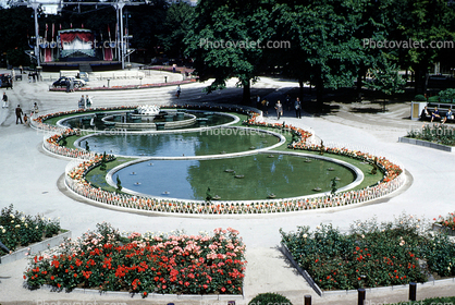 round Water Fountain, aquatics, walkway, flowers, trees, pond