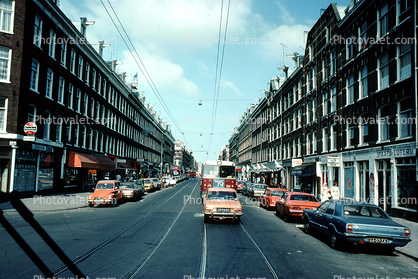 Buildings, cars, shops, automobile, vehicles, 1970s, June 1977
