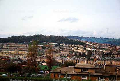 buildings, hills, homes, near Bath, England, 1950s