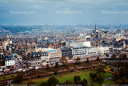 skylline, cityscape, buildings, gardens, Edinburgh, Scotland, 1950s