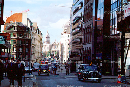 Taxi, street, buildings, cars, London