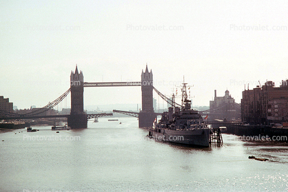 HMS Belfast (C35), Royal Navy light cruiser, Tower Bridge, London, River Thames