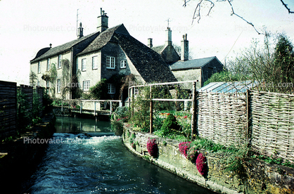 Stream, building, fence, home, Burford, Cotswold Hills, Oxfordshire, England