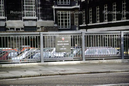 Fence, cars, University of London, Senate House