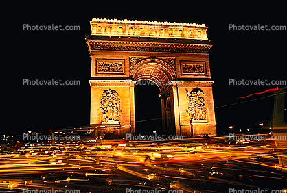 The Arc de Triomphe in the night, nighttime