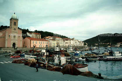 Harbor, docks, church, buildings, waterfront, village