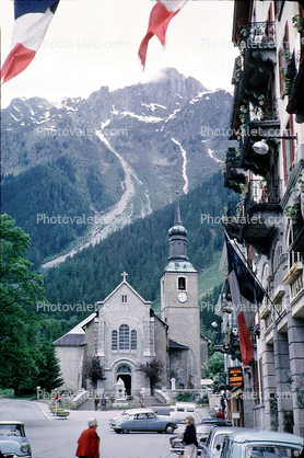 Church, Cathedral, building, tower, mountain, cars, Citreon, 1960s