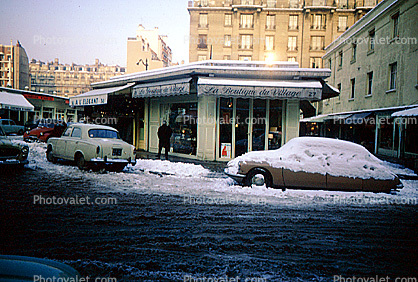 car, sedan, snow, ice, cold, Frozen, Icy, Winter, buildings, Citreon, January 1966, 1960s