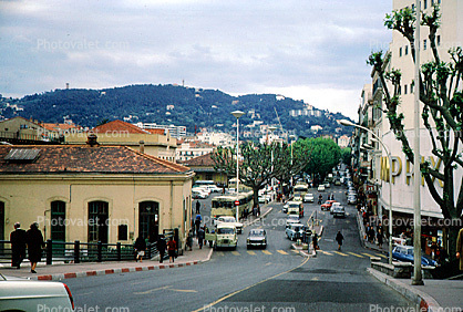 road, cars, mountain, buildings, automobile, vehicles, Cannes, April 1967, 1960s