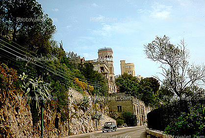 Castle, wall, road, car, buildings, April 1967, 1960s