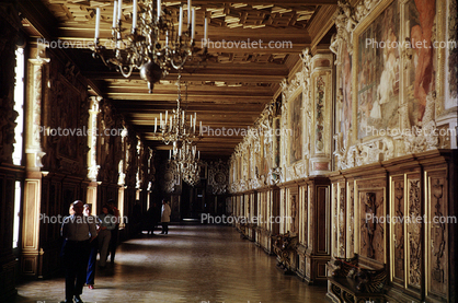 Interior, Chandelier, hallway, walls, ornate, opulent, Chateau, May 1967, 1960s, opulant