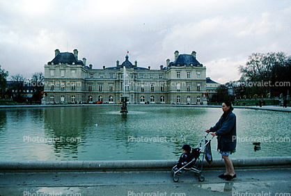 fountain, water, woman, child, Stroller, Chateau, Aquatics, pram, pushcart