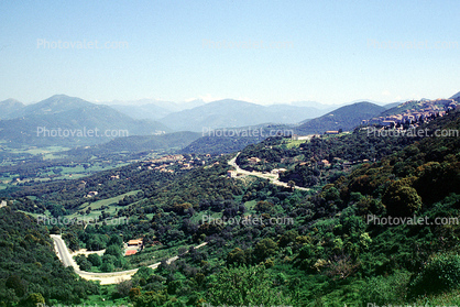 mountain road, forest, hills, village